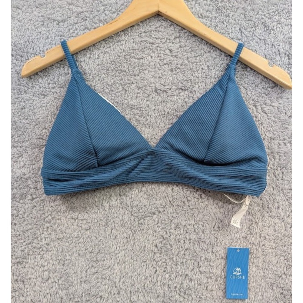 Cupshe Bikini Top Womens Large Blue Ribbed V Neck Adjustable Spaghetti Strap NWT
